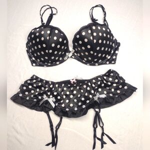VS black & white polka dots bra/garter skirt bottom. Size 36D and medium bottom